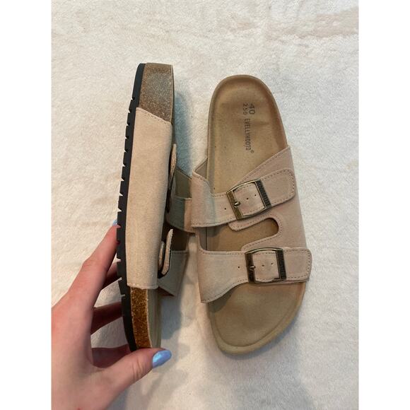 EVELLYHOOTD Dual Buckle Suede Sandals 40 Open Toe Two Straps Slides 8333 Taupe - Picture 2 of 9